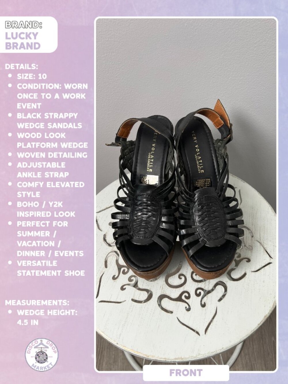 Volatile Los Angeles Black Wedge Sandals Size 10 Wood Platform Heels